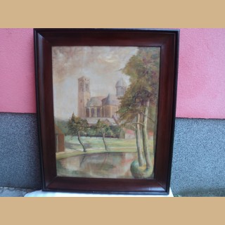 quadro paesaggio cornice in noce massello con profilo nero raffigurante paesaggio con chiesa firmato 